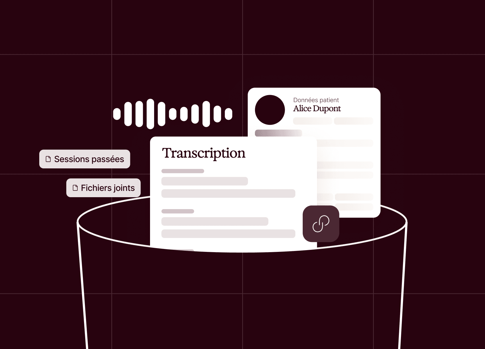 An illustration showing an audio waveform, a transcript, and patient details for Brooklyn Simmons.