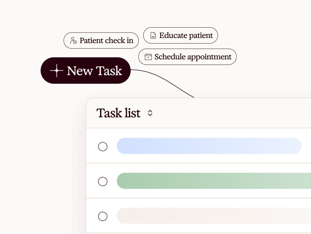 A task management interface featuring a "New Task" button linked to options like "Patient check in" and "Schedule appointment," above a "Task list" with several blank entries.