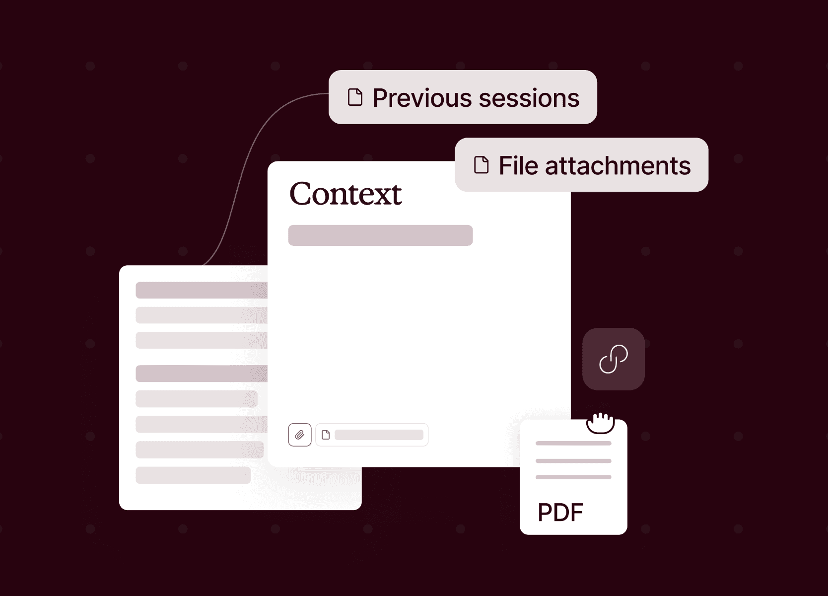 An interface showing a "Context" document with related "Previous sessions" and "File attachments" labels, and a PDF file.