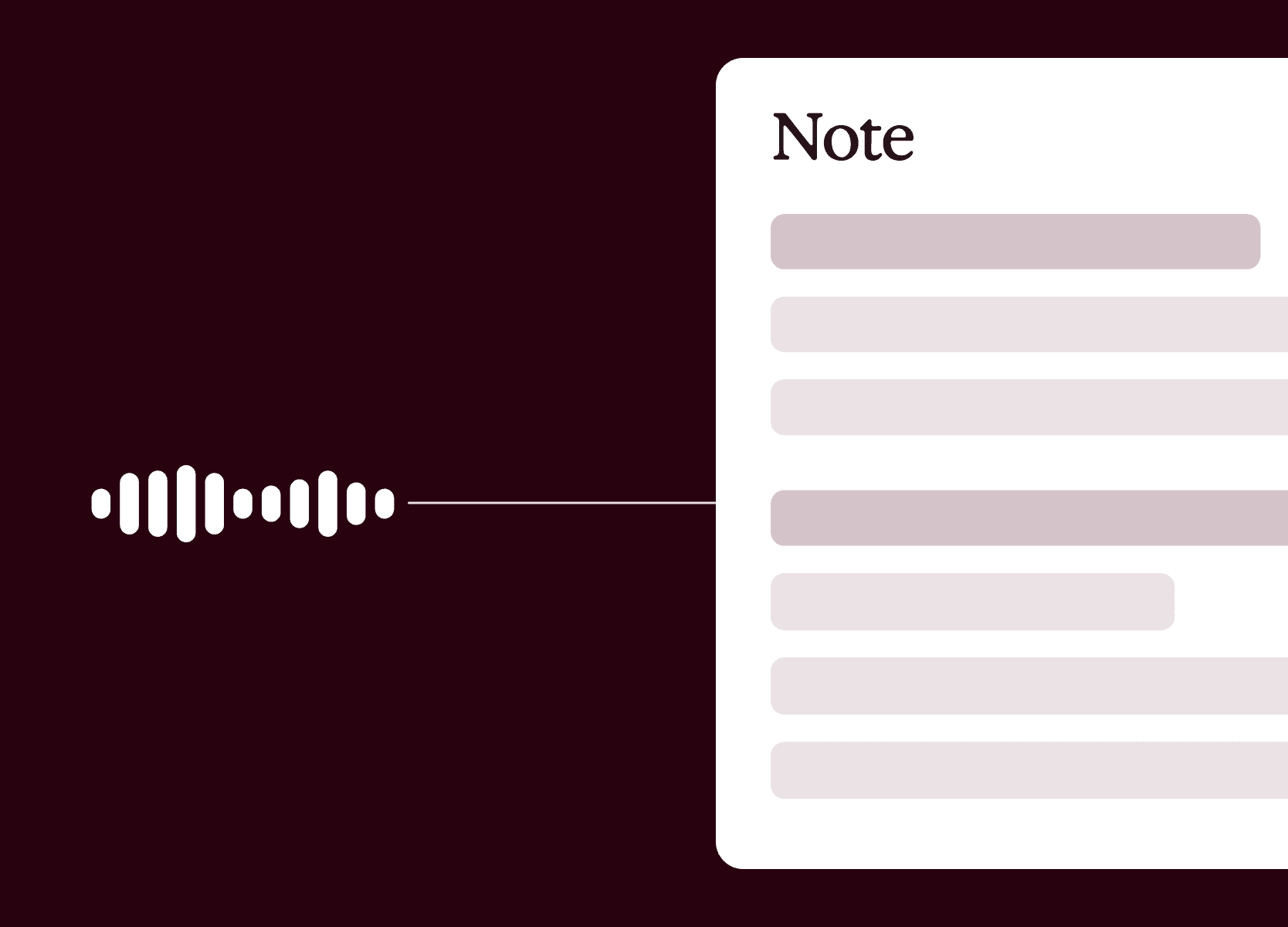 Audio waveform connecting to a 'Note' card with text on a dark background.