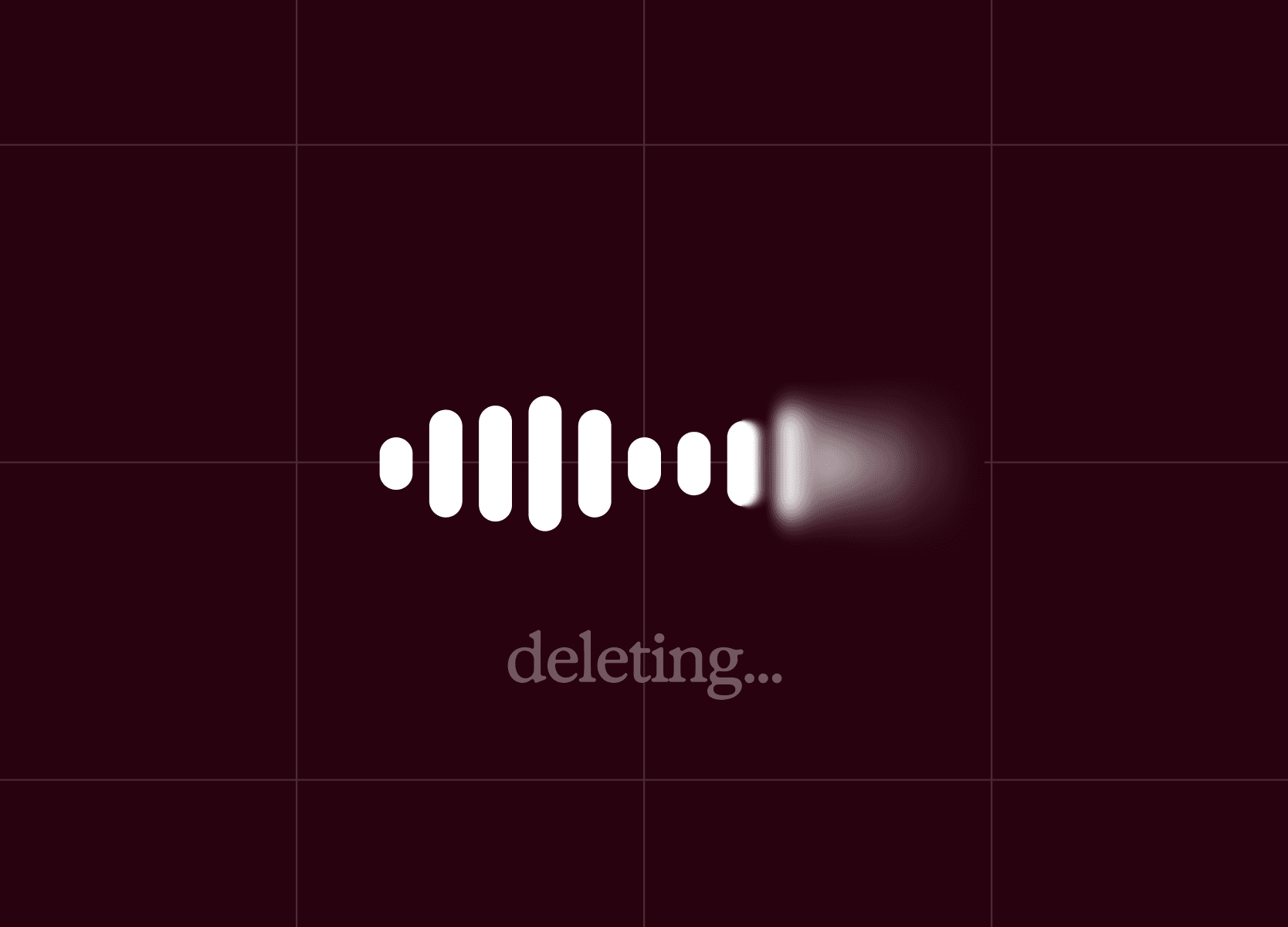 A white sound wave graphic fading out on a dark red background, with the text "deleting..." below.