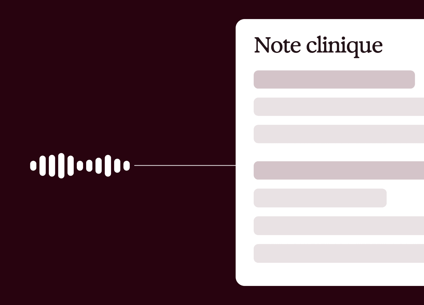 Audio waveform connecting to a 'Note' card with text on a dark background.