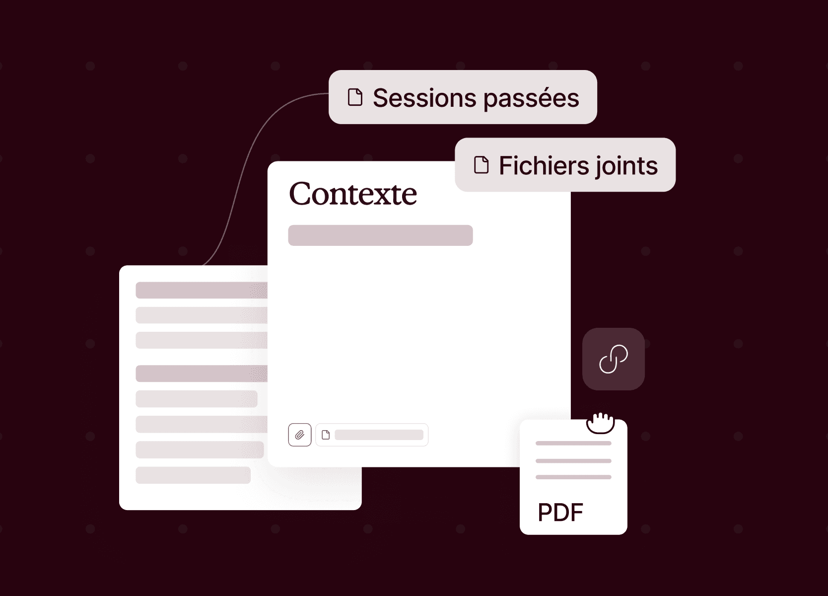 An interface showing a "Context" document with related "Previous sessions" and "File attachments" labels, and a PDF file.