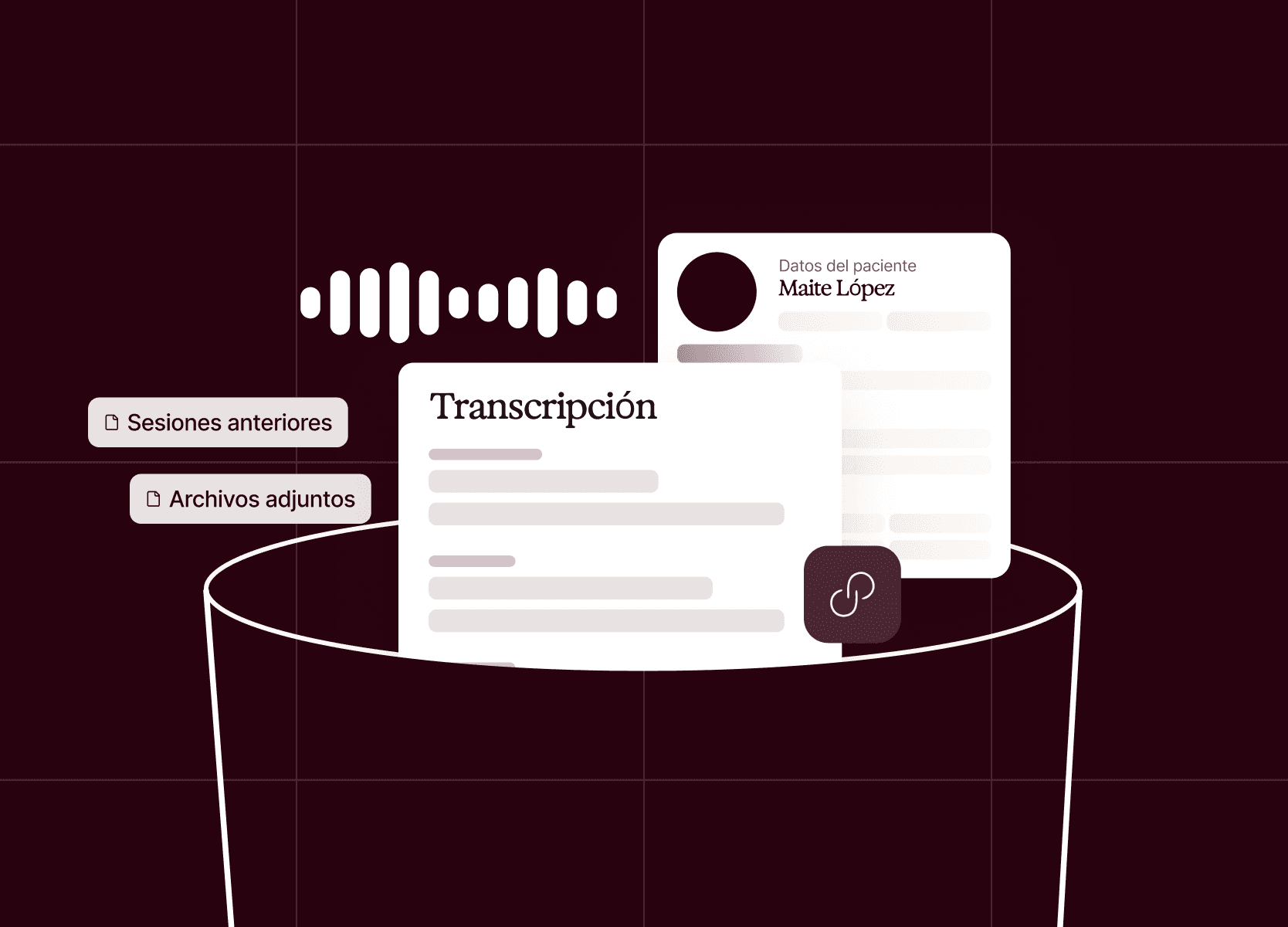 An illustration showing an audio waveform, a transcript, and patient details for Brooklyn Simmons.