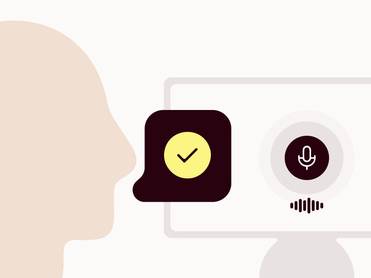 Stylized profile of a head speaking towards a screen displaying a microphone, sound waves, and a successful checkmark.