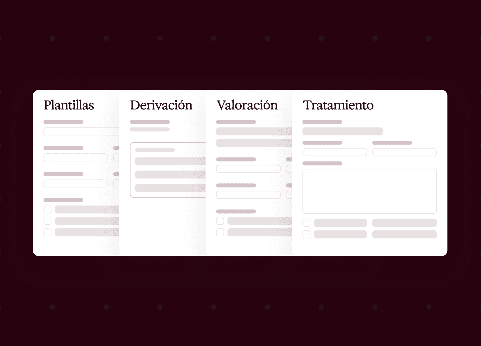 Four white document mockups labeled Form, Referral letter, Assessment, and Prescription, showing placeholder fields.