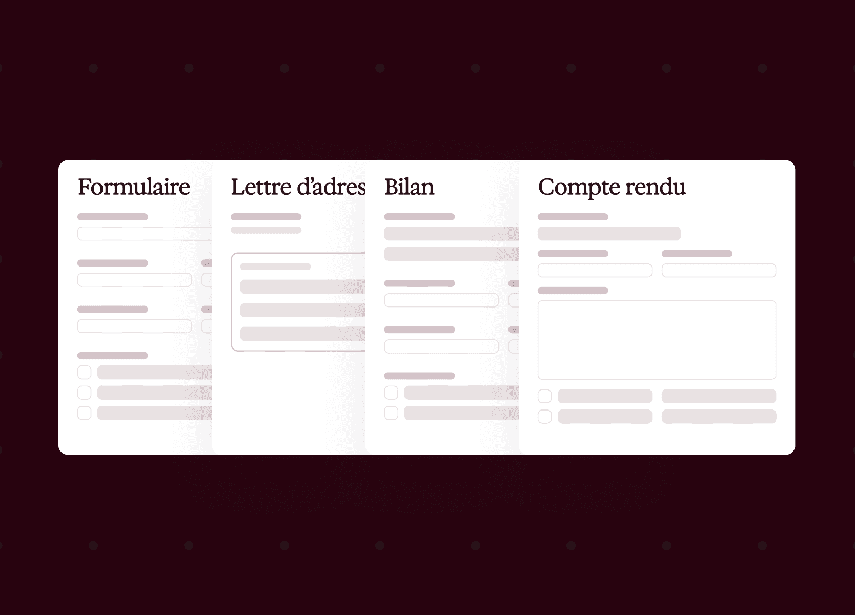 Four white document mockups labeled Form, Referral letter, Assessment, and Prescription, showing placeholder fields.