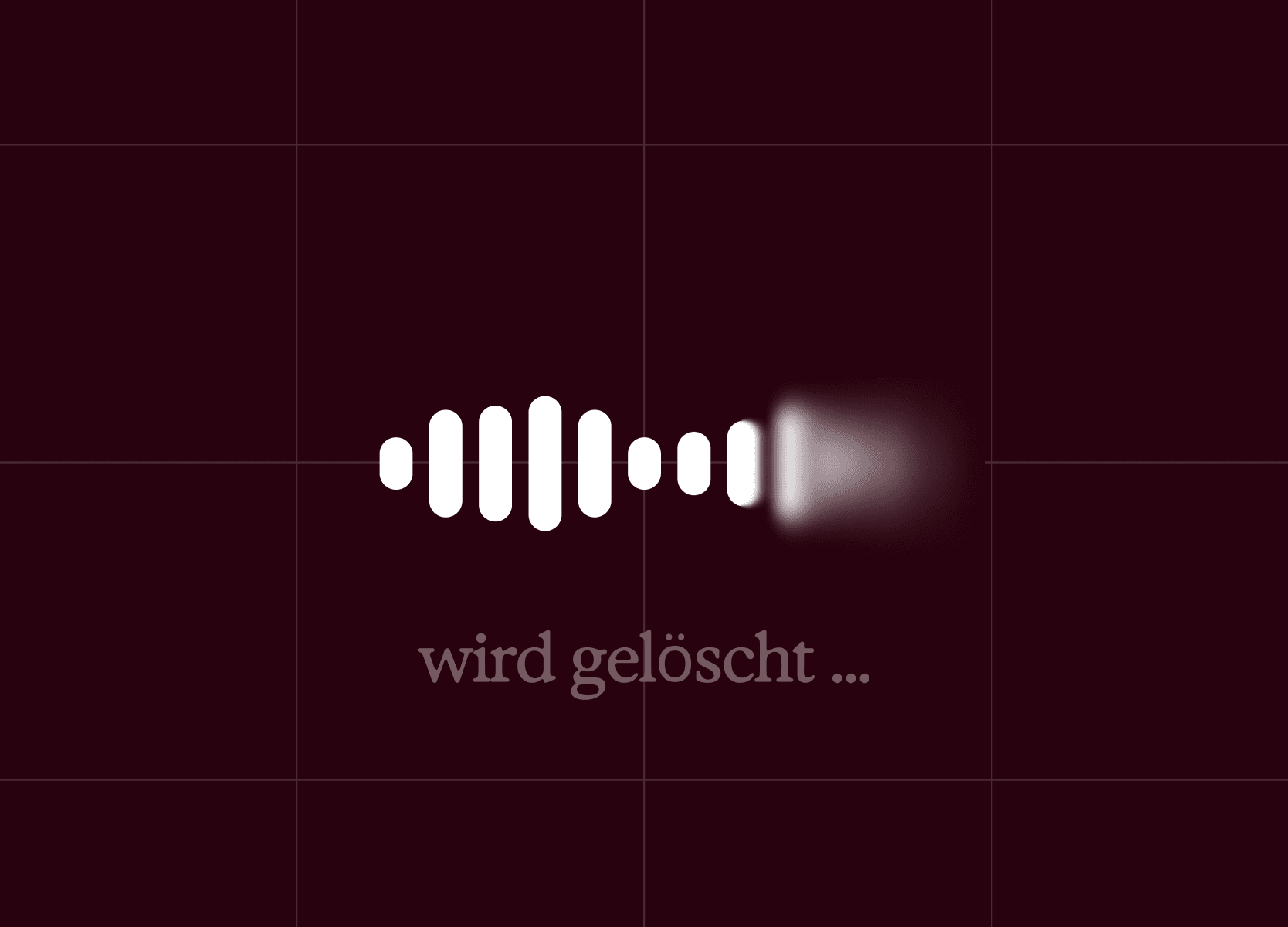 A white sound wave graphic fading out on a dark red background, with the text "deleting..." below.